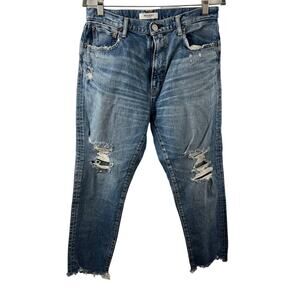 MOUSSY Japan Vintage Blue Wash Distressed High Rise Raw Hem Denim Jeans 29 ?